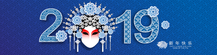 Estilo de porcelana china azul y blanca Diseño gráfico de año nuevo 2019